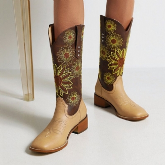 Große Damen-retro-ethno-blumenstickerei Bequeme Karree-zehen-klobige Fersen-cowboystiefel