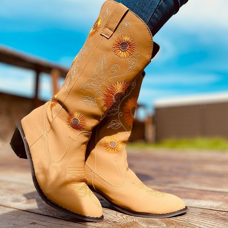 Große Mit Gänseblümchen Bestickte Damen-cowboystiefel Mit Klobigem Absatz Und Spitzer Zehenpartie