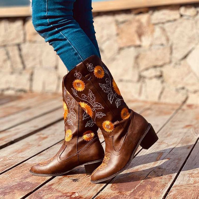 Große Mit Gänseblümchen Bestickte Damen-cowboystiefel Mit Klobigem Absatz Und Spitzer Zehenpartie