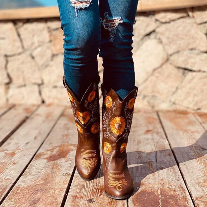 Große Mit Gänseblümchen Bestickte Damen-cowboystiefel Mit Klobigem Absatz Und Spitzer Zehenpartie