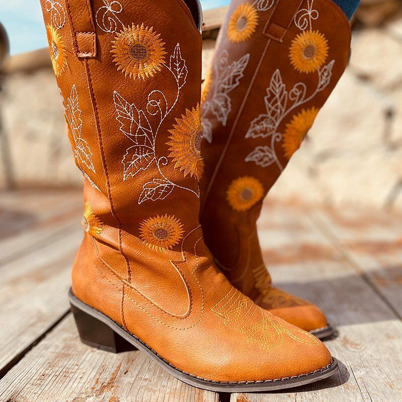 Große Mit Gänseblümchen Bestickte Damen-cowboystiefel Mit Klobigem Absatz Und Spitzer Zehenpartie