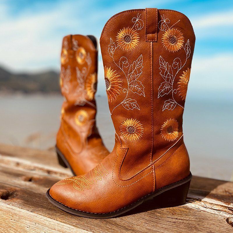 Große Mit Gänseblümchen Bestickte Damen-cowboystiefel Mit Klobigem Absatz Und Spitzer Zehenpartie