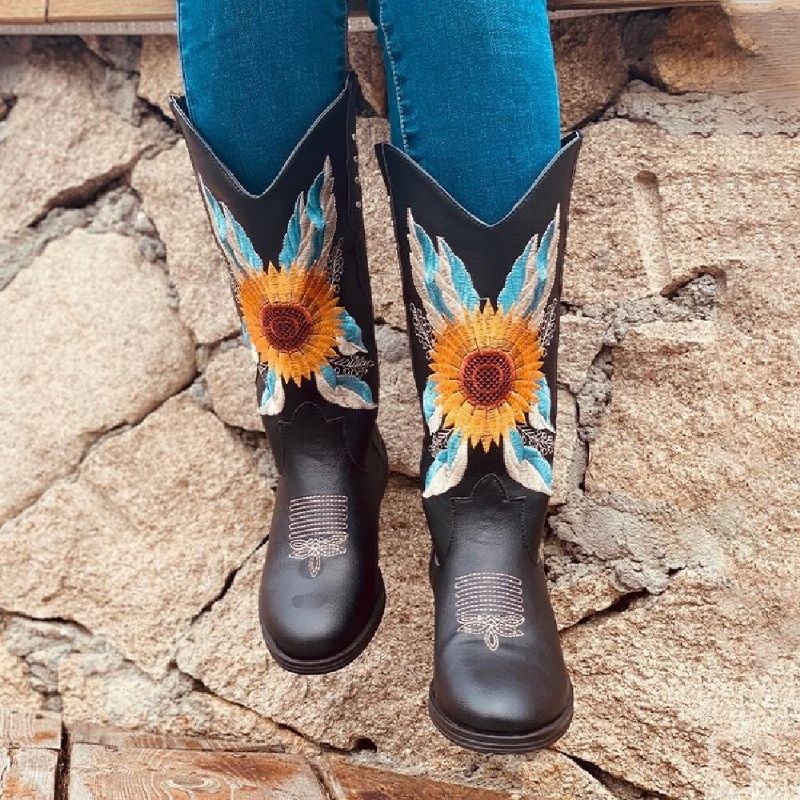 Große Mit Sonnenblumen Bestickte Weiche Bequeme Cowboystiefel Mit Blockabsatz