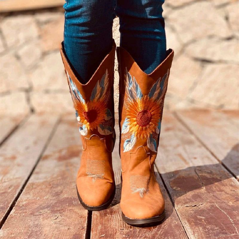 Große Mit Sonnenblumen Bestickte Weiche Bequeme Cowboystiefel Mit Blockabsatz