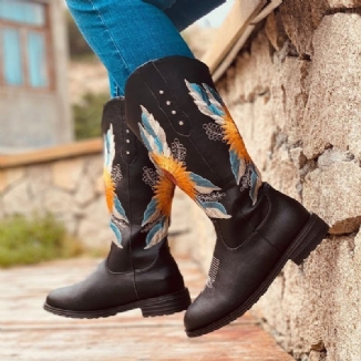 Große Mit Sonnenblumen Bestickte Weiche Bequeme Cowboystiefel Mit Blockabsatz