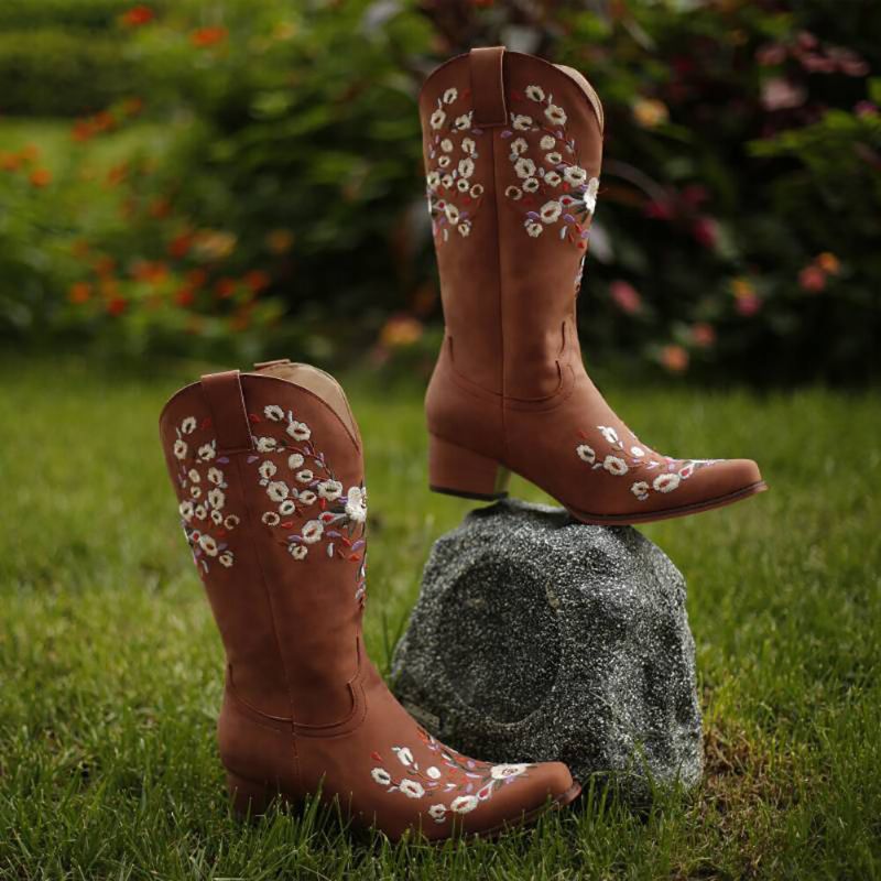 Große Retro-blumen Bestickte Cowboy-stiefel Zum Hineinschlüpfen Für Damen