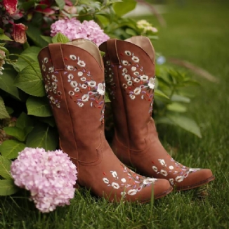 Große Retro-blumen Bestickte Cowboy-stiefel Zum Hineinschlüpfen Für Damen