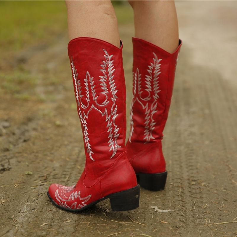 Große Retro-cowboystiefel Mit Spitzer Zehenpartie Und Besticktem Blockabsatz Für Damen