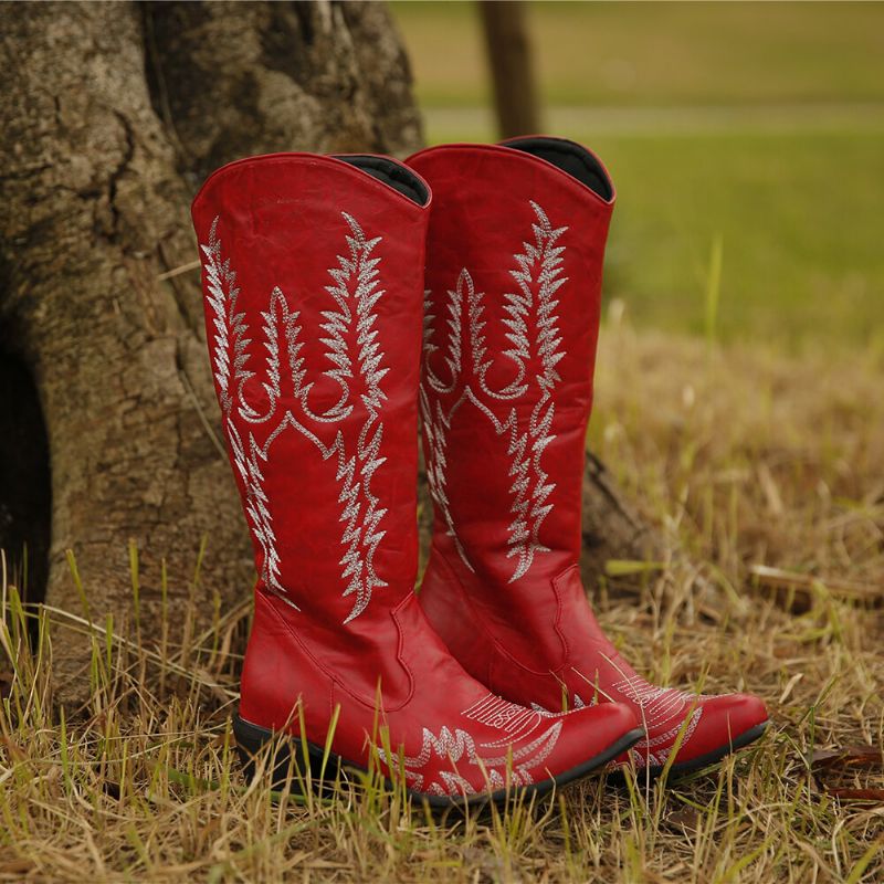 Große Retro-cowboystiefel Mit Spitzer Zehenpartie Und Besticktem Blockabsatz Für Damen