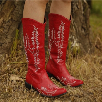 Große Retro-cowboystiefel Mit Spitzer Zehenpartie Und Besticktem Blockabsatz Für Damen