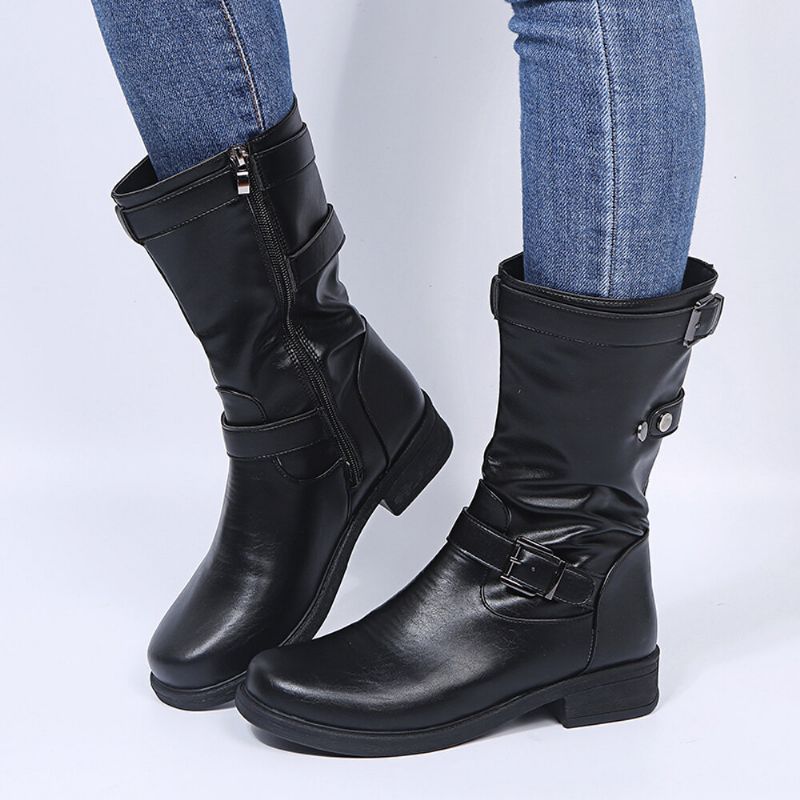 Große Retro-reitstiefel Mit Einfarbigem Schnallenriemen Und Blockabsatz Für Damen