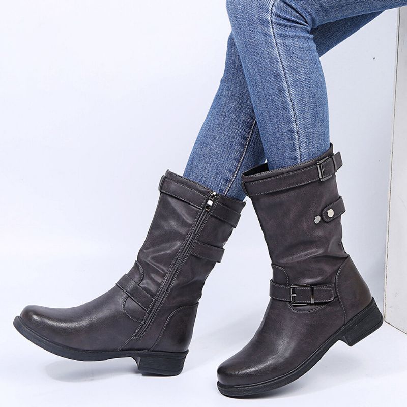 Große Retro-reitstiefel Mit Einfarbigem Schnallenriemen Und Blockabsatz Für Damen