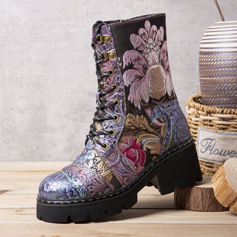 Halbhohe Damenstiefel Aus Echtem Leder Mit Retro-blumenstickerei