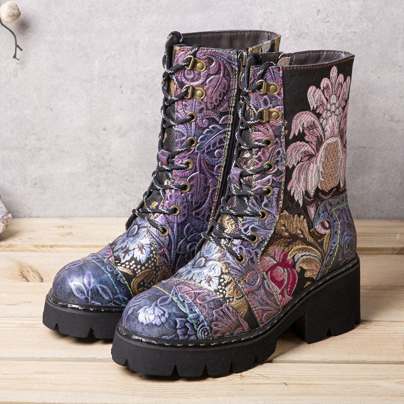 Halbhohe Damenstiefel Aus Echtem Leder Mit Retro-blumenstickerei