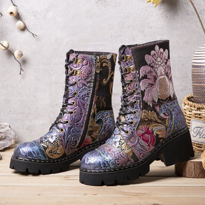 Halbhohe Damenstiefel Aus Echtem Leder Mit Retro-blumenstickerei