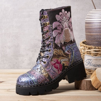 Halbhohe Damenstiefel Aus Echtem Leder Mit Retro-blumenstickerei