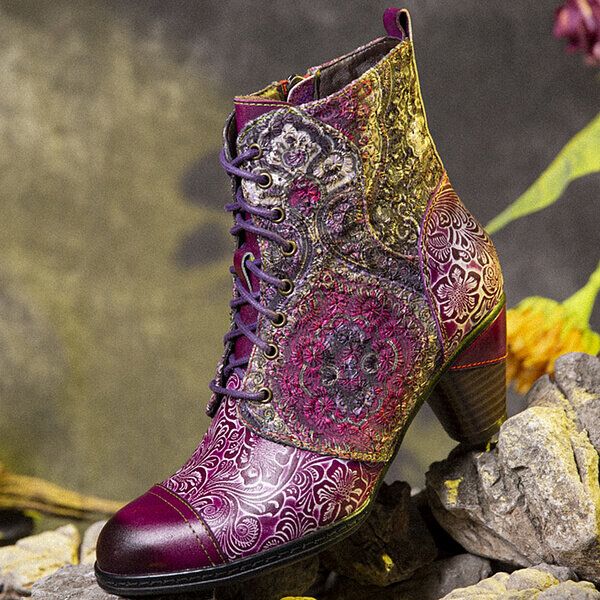 Halbhoher Retro-stiefel Aus Echtem Leder Mit Blumenmuster