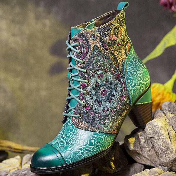 Halbhoher Retro-stiefel Aus Echtem Leder Mit Blumenmuster