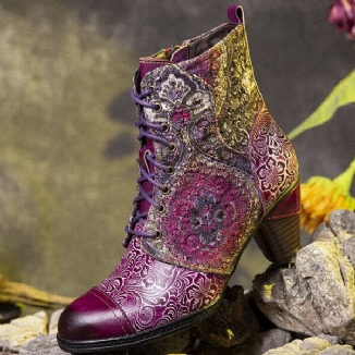 Halbhoher Retro-stiefel Aus Echtem Leder Mit Blumenmuster