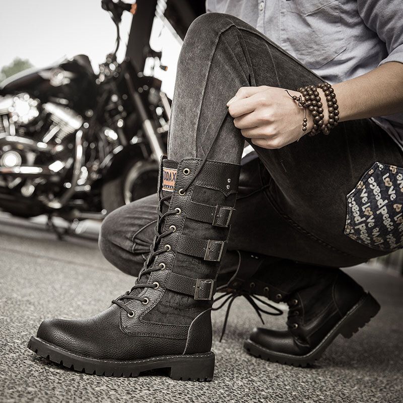 Herren Classic Black Biker Boots Motorradstiefel Mit Metallschnalle