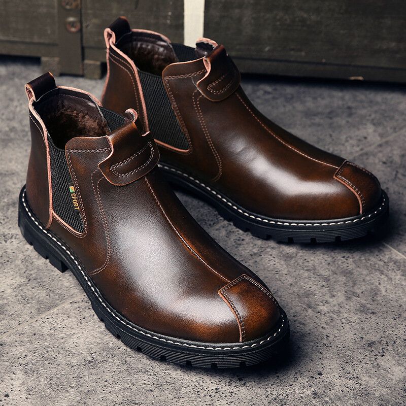 Herren-echtleder-slip-on Rutschfest Plus Warme Chelsea-stiefel Aus Samt Martin-stiefel