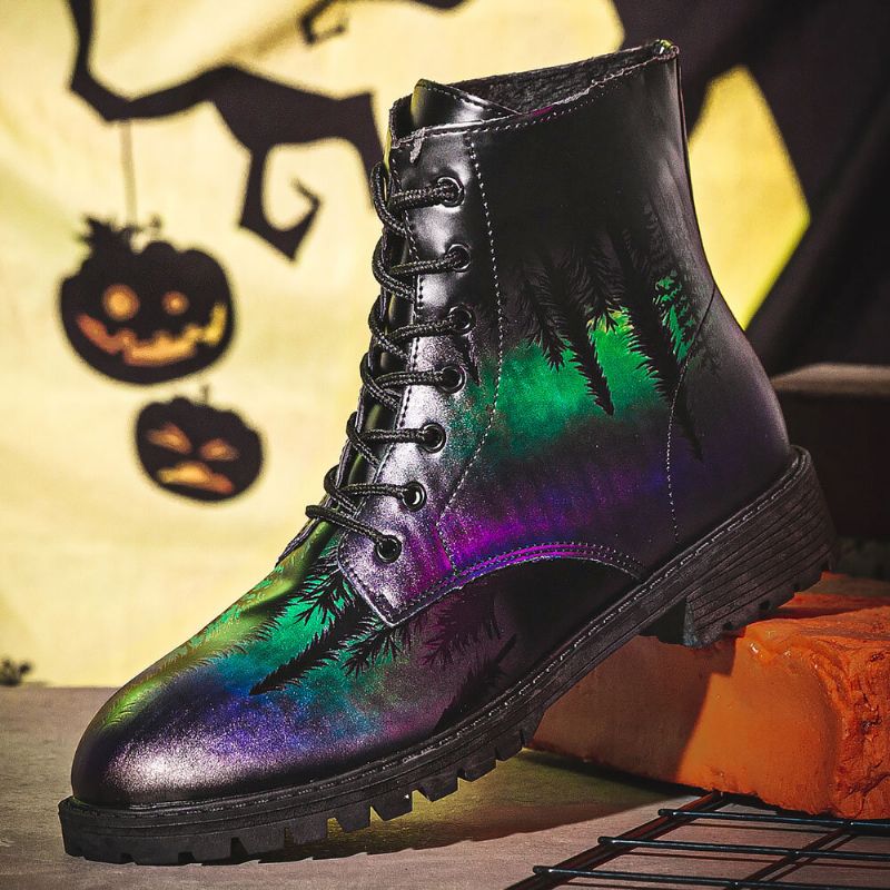 Herren-leder-halloween-druck Mit Weicher Sohle Runder Zehe Bequem Bunt Lässig Martin-stiefel