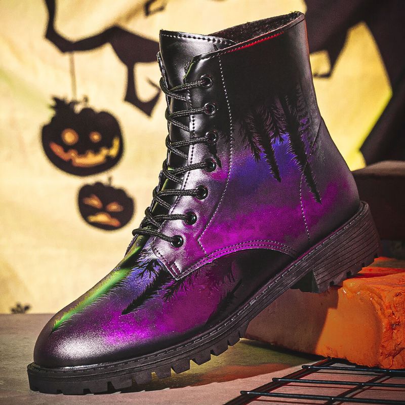 Herren-leder-halloween-druck Mit Weicher Sohle Runder Zehe Bequem Bunt Lässig Martin-stiefel