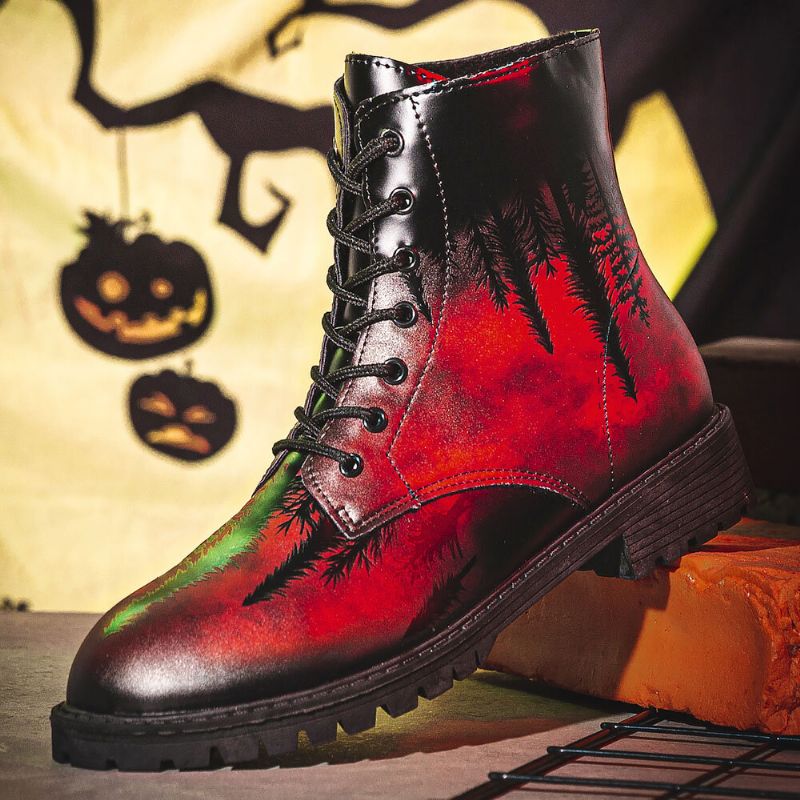 Herren-leder-halloween-druck Mit Weicher Sohle Runder Zehe Bequem Bunt Lässig Martin-stiefel