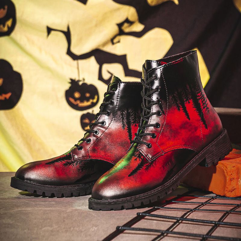 Herren-leder-halloween-druck Mit Weicher Sohle Runder Zehe Bequem Bunt Lässig Martin-stiefel