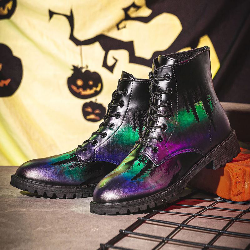 Herren-leder-halloween-druck Mit Weicher Sohle Runder Zehe Bequem Bunt Lässig Martin-stiefel