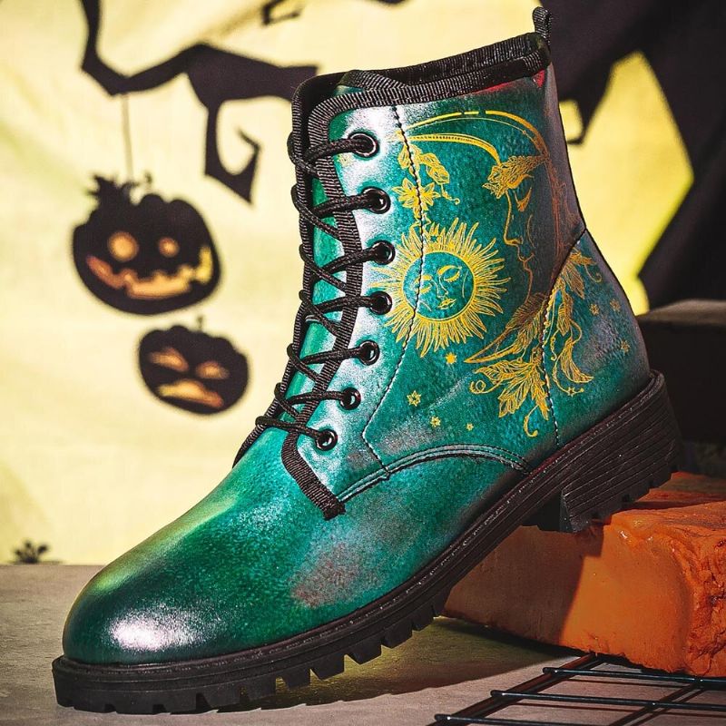 Herren-leder-halloween-lustiger Druck Mit Weicher Sohle Und Runder Spitze Zum Schnüren Beiläufiger Plateaustiefel