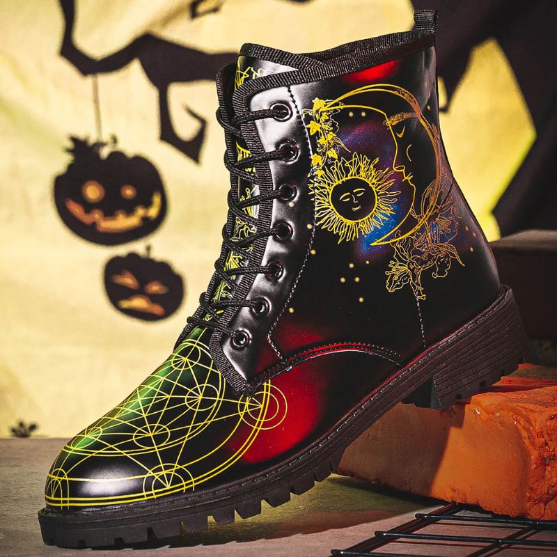 Herren-leder-halloween-lustiger Druck Mit Weicher Sohle Und Runder Spitze Zum Schnüren Beiläufiger Plateaustiefel