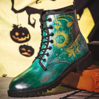 Herren-leder-halloween-lustiger Druck Mit Weicher Sohle Und Runder Spitze Zum Schnüren Beiläufiger Plateaustiefel