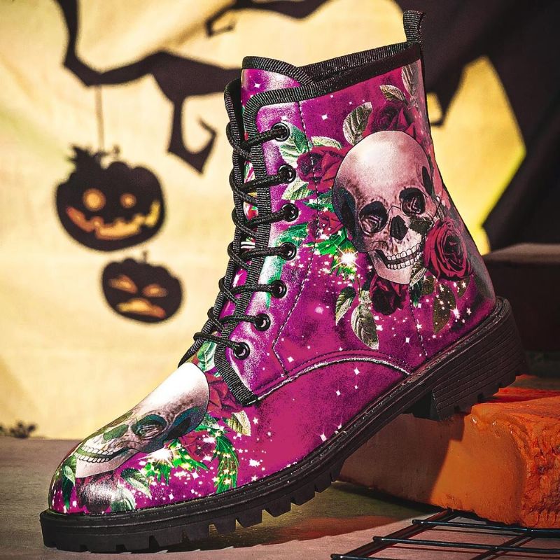 Herren-leder-halloween-stiefel Mit Weicher Sohle Und Rundem Zeh Lustiger Totenkopf-druck Lässige Martin-stiefel