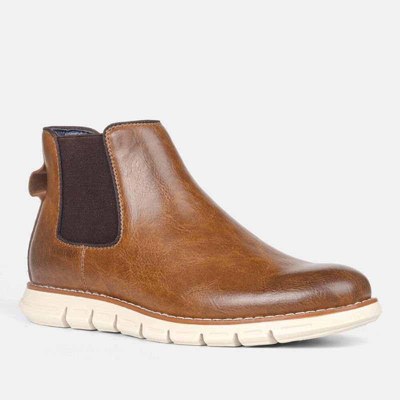 Herren Leder Soft Sole Round Toe Slip On Trendy Chelsea Freizeitstiefel