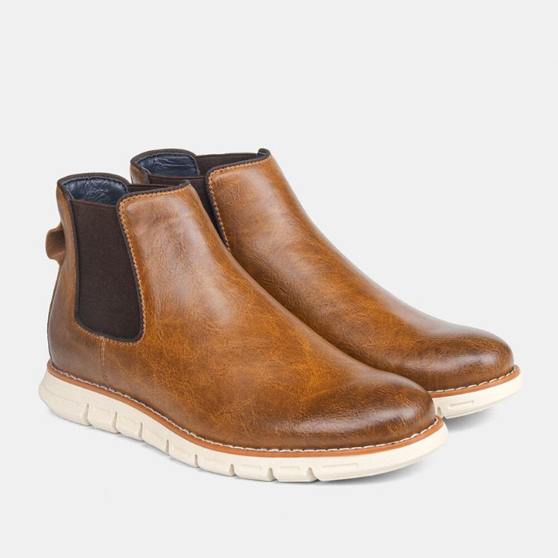 Herren Leder Soft Sole Round Toe Slip On Trendy Chelsea Freizeitstiefel