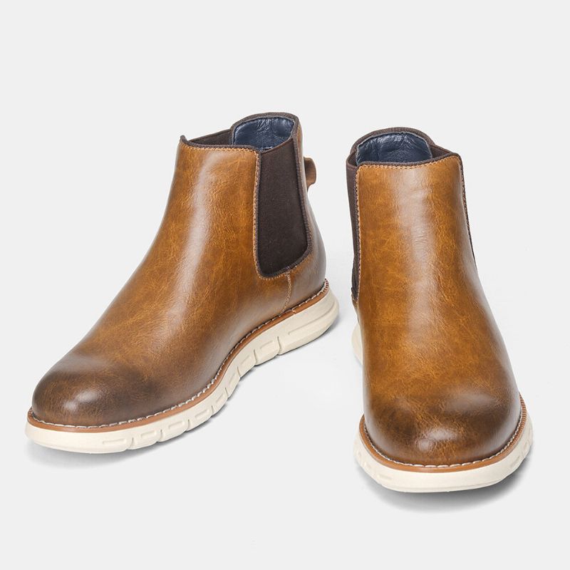 Herren Leder Soft Sole Round Toe Slip On Trendy Chelsea Freizeitstiefel