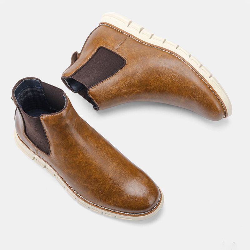 Herren Leder Soft Sole Round Toe Slip On Trendy Chelsea Freizeitstiefel