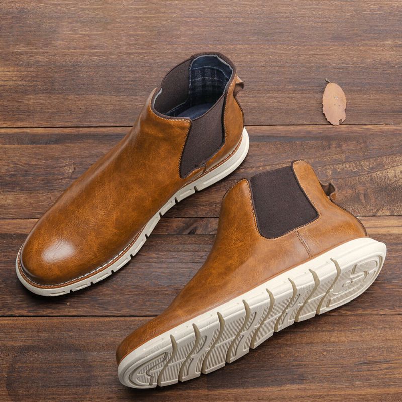 Herren Leder Soft Sole Round Toe Slip On Trendy Chelsea Freizeitstiefel