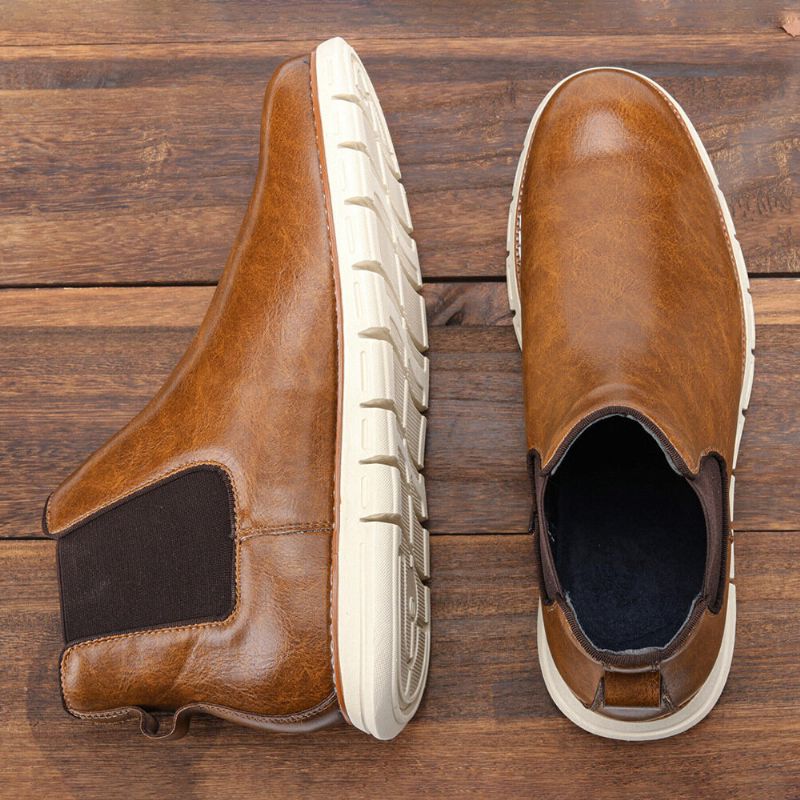 Herren Leder Soft Sole Round Toe Slip On Trendy Chelsea Freizeitstiefel