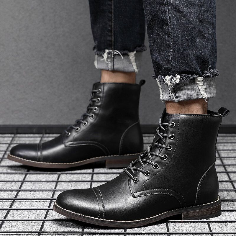 Herren Retro Handgemachte Cap Toe Leder Formal Dress Stiefel Im Britischen Stil