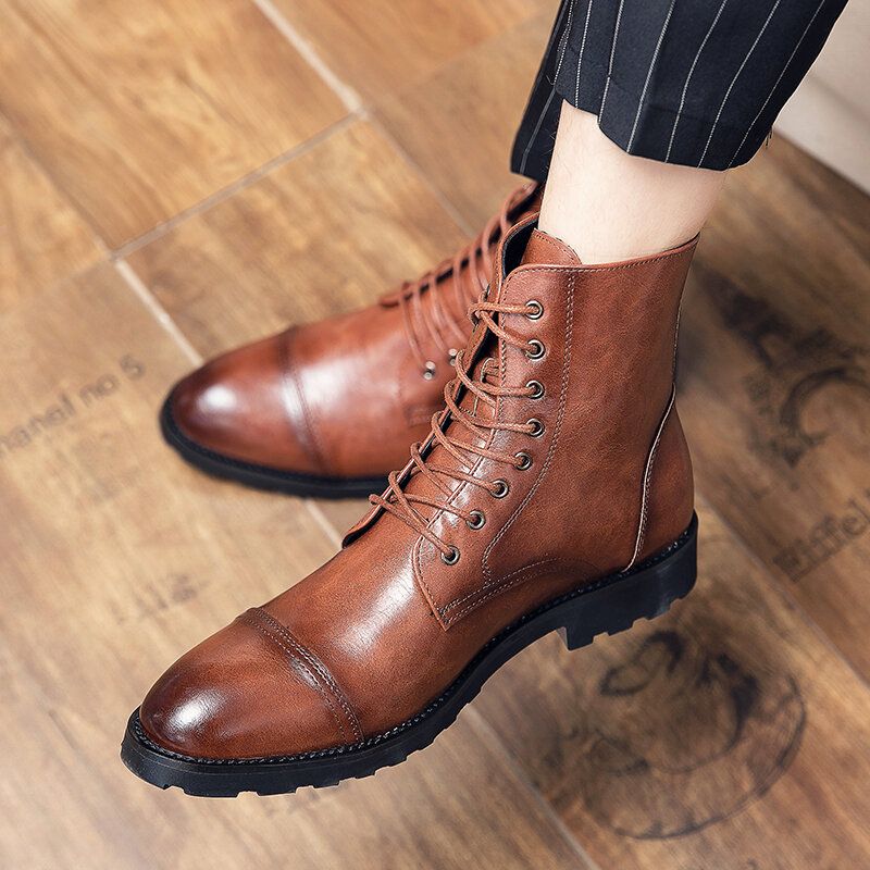 Herren Rindsleder Bequeme Weiche Sohle Vintage Business Schnürstiefel