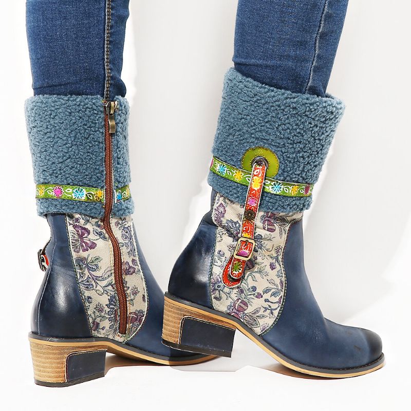 Imitat Lammhaar Blumenmuster Ledernähte Blumenmuster Bequeme Flache Stiefel