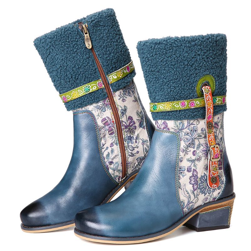 Imitat Lammhaar Blumenmuster Ledernähte Blumenmuster Bequeme Flache Stiefel