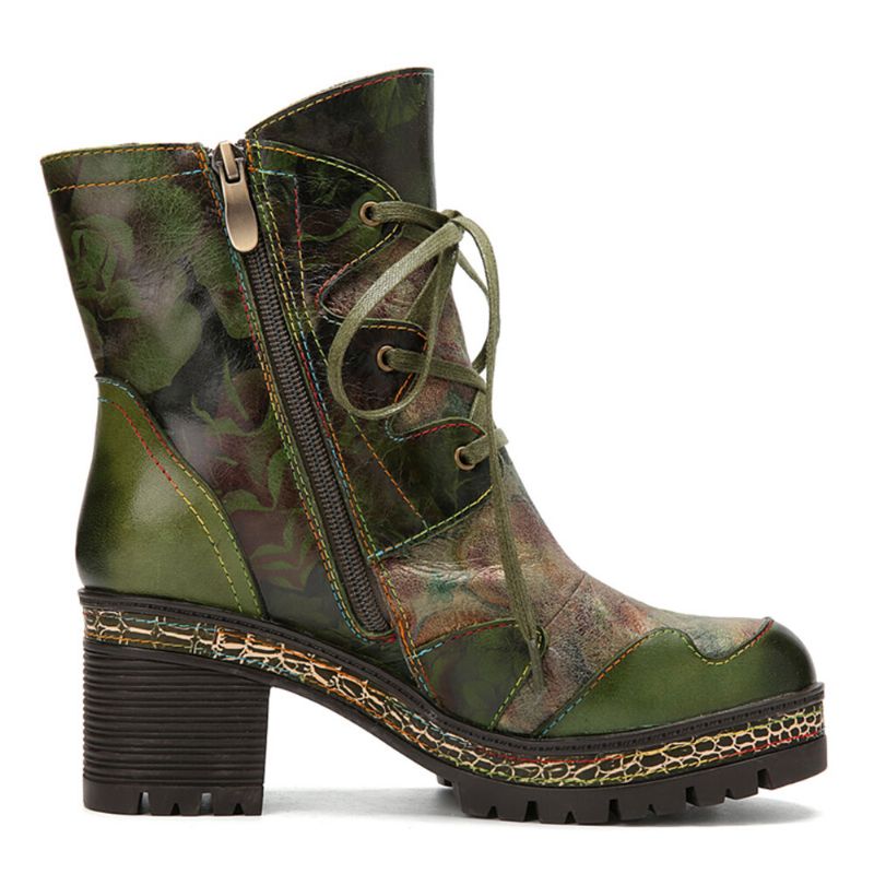 Kurze Damenstiefel Aus Leder Mit Retro-ethno-blumendruck Und Seitlichem Reißverschluss