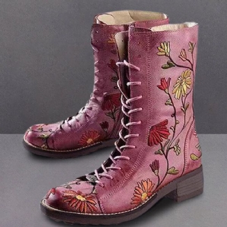 Kurze Damenstiefel Mit Klobigem Absatz Und Blumenstickerei