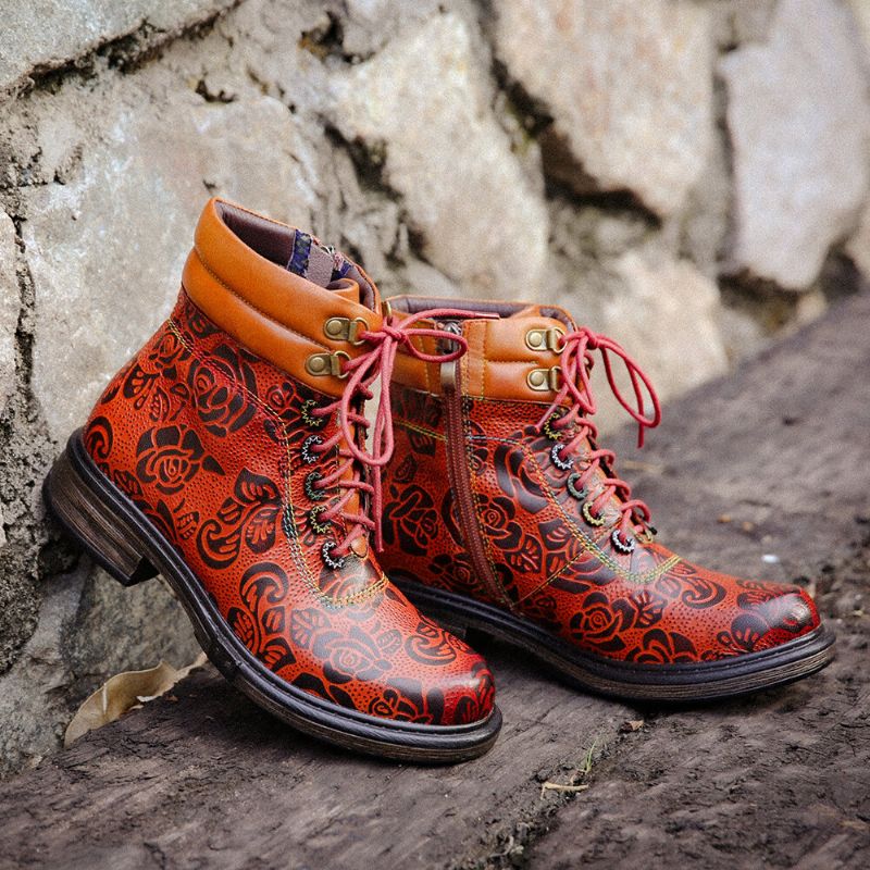 Kurze Damenstiefel Mit Retro-blumenmuster Und Seitlichem Reißverschluss Aus Echtem Leder Martin Boots