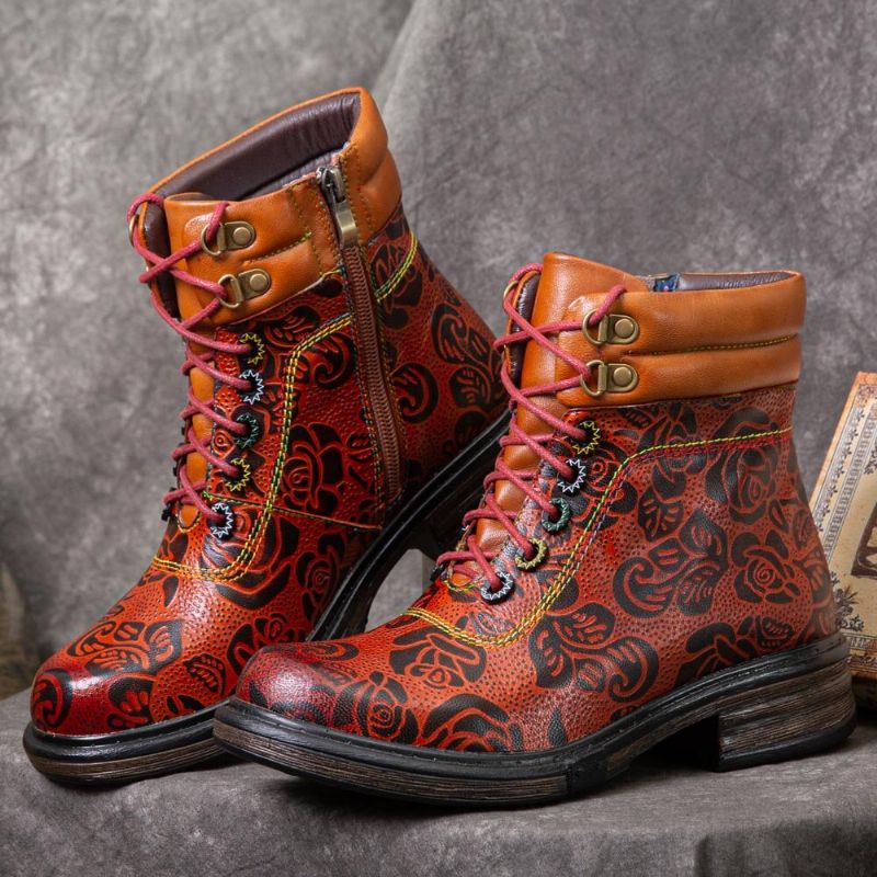 Kurze Damenstiefel Mit Retro-blumenmuster Und Seitlichem Reißverschluss Aus Echtem Leder Martin Boots