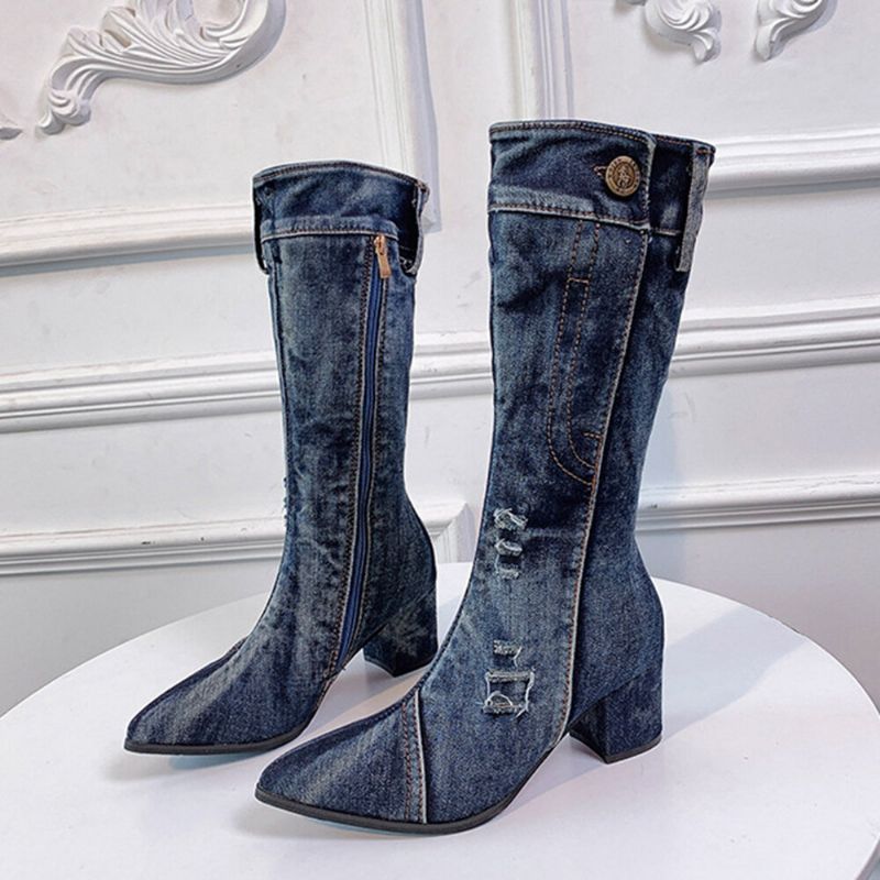 Lässige Damen-stiefel Mit Seitlichem Reißverschluss Spitzer Zehenbereich Klobiger Absatz Halbhohe Denim-stoffstiefel