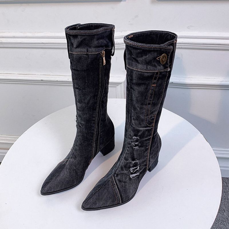 Lässige Damen-stiefel Mit Seitlichem Reißverschluss Spitzer Zehenbereich Klobiger Absatz Halbhohe Denim-stoffstiefel